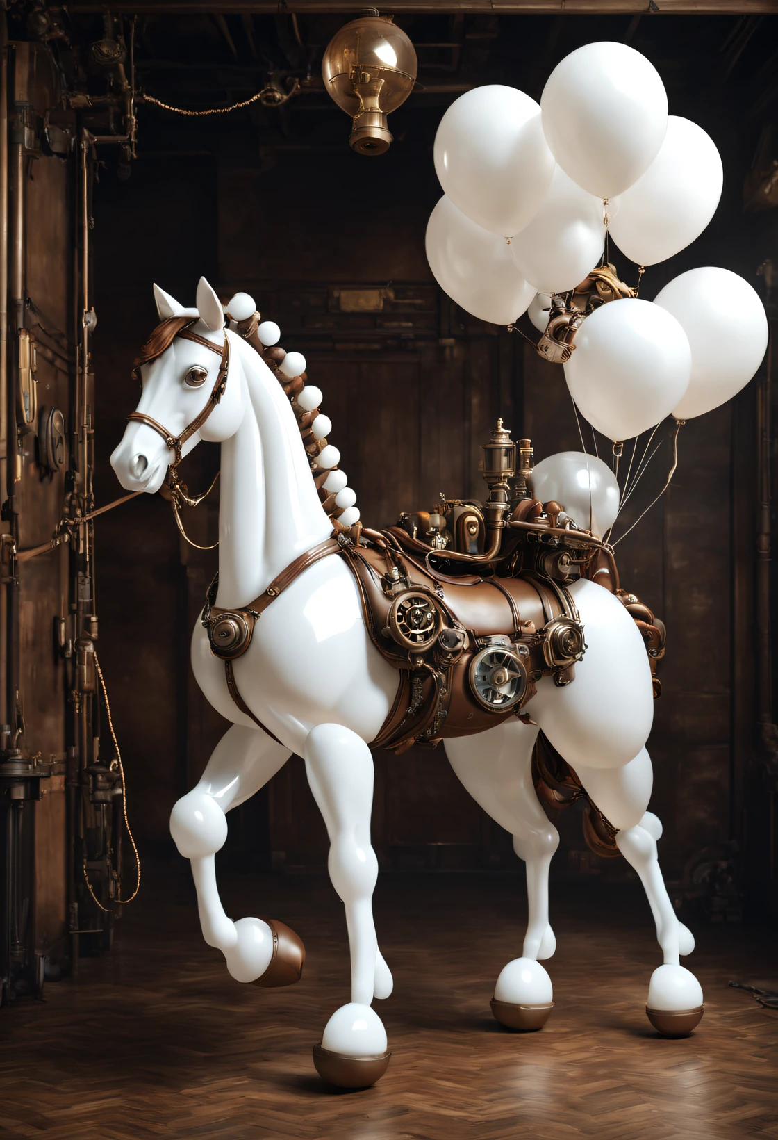 (balloon art design),(A steampunk horse made of white half balloons), (Horse body and tail made of translucent white balloons:1.1),(without humans:1.3)Steampunk Reins,a 3D render, Anatomically correct horses, a 3D render, The organic combination of animation machine and balloon, Holographic steampunk background,