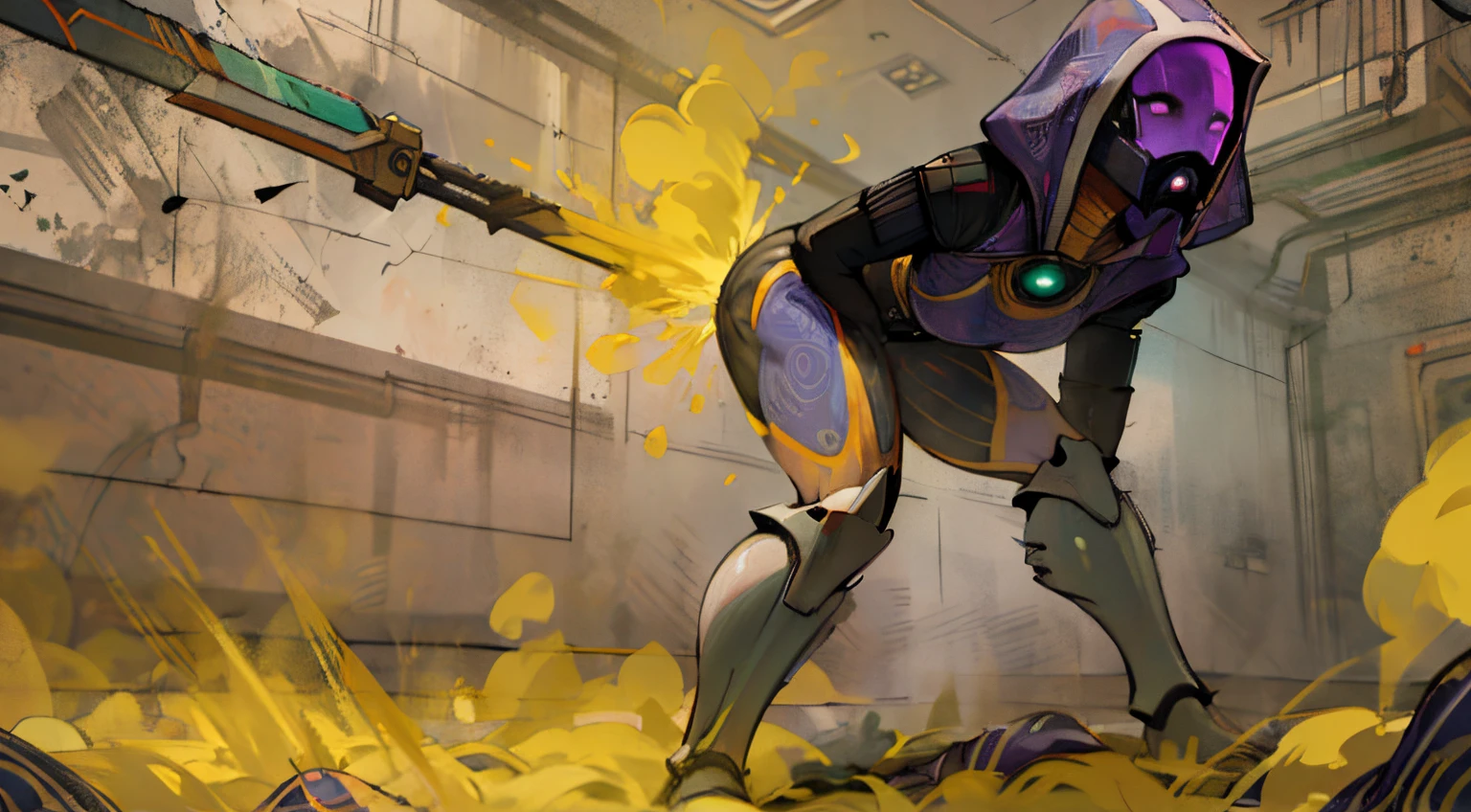 Tali bending over and farting, bewitching hips, fart, farting, heavenly thighs, sweating, upset stomach, (best quality,highres:1.2),ultra-detailed,realistic,physically-based rendering,Quarian,alien warrior,crouching down,bright green armor,sharp focus,intense gaze,aggressive stance,spiked energy sword,majestic and powerful,captivating atmosphere,advanced technology,muscular physique,detailed facial features,alien landscape,eerie glow,ominous sky,hints of battle,dust and debris floating in the air,vivid colors,rich textures,deep shadows,contrast between light and dark,warrior culture,strong and resilient demeanor,large thighs,heavenly thighs,fart,farting,onara,embarrassed,farts,gassy,bloated,belly,sweaty,bending over,gurgling gut