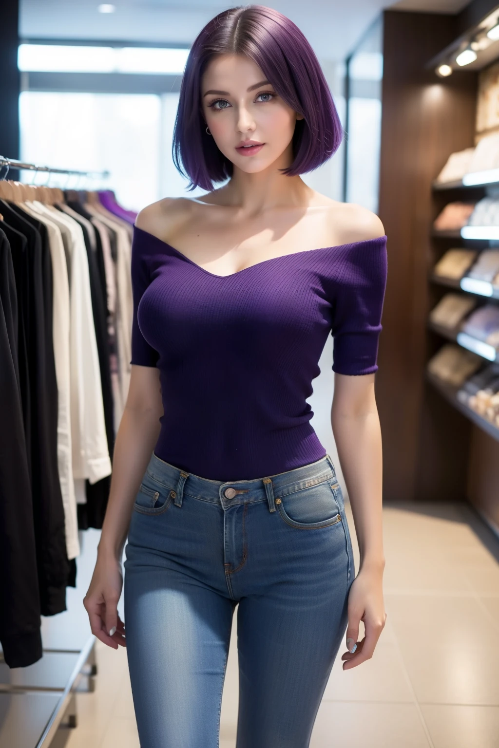 ukrainian woman in a smooth jeans with deep decollete posing for a picture, valerica steele, standing at the center of store, gorgeous young ukrainian woman, beautiful ukrainian woman, , ukrainian women's fashion model, sexy look, huge boobs, short purple hair