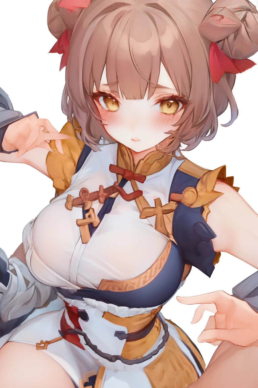 1girls, bara, Blush, Short Hair Hair, simple background, brunette hair, White background, Brown eyes, mediuml breasts, Upper body, , Single Focus, Separated limbs,
//
1boy,POV Hand, (One hand.:1.2), Breast popping, emerge ,