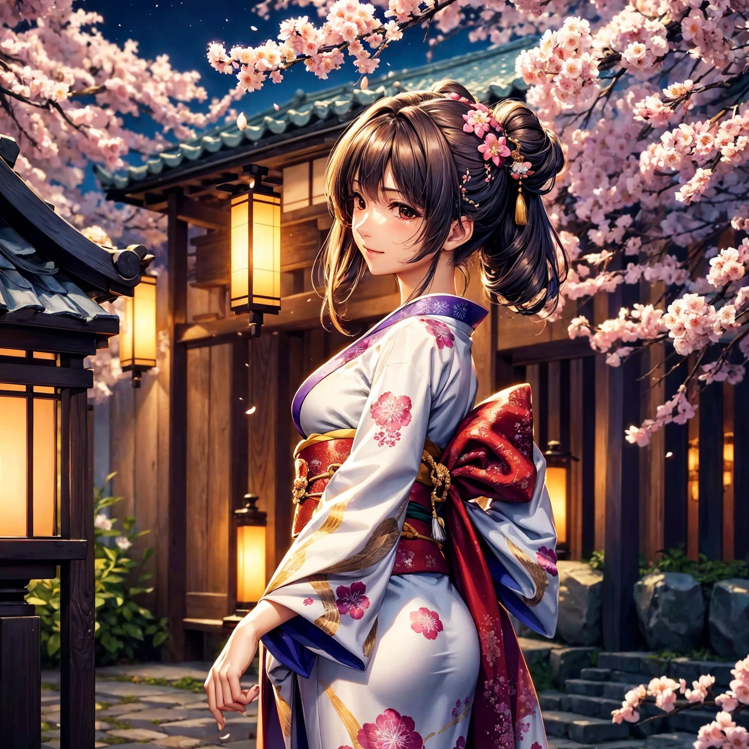 (top-quality、masterpiece、very high res、Ultra high resolution/high image quality detail 1.5)、One woman with perfect and ultimate beauty(18 years old 1.5)、Realistic portraits、Beautiful breasts with a slender body shape(F Cup 1.5)、Beautiful body、美丽的面容、Beautiful hair、Realistic textured skin and、Wearing a beautiful Japanese kimono、Kimono comes with colors and patterns、Bright smile、Hair flutters under the influence of the wind、Japanese garden with beautiful cherry blossoms at night、Mysterious night sky、Beautiful Landscapes、(accurate detail、the detailed images、Accurate images、Perfect Image 1.5)、、beautiful anime woman, Beautiful Art Style, an animated character、The whole picture、Detailed picture、accurate anatomy、Defect-free images、natural soft light、beautiful image、extremely detailed picture、(Best Shot 1.2)