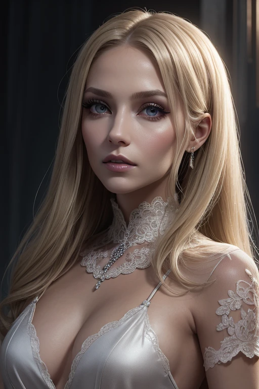 Woman. Blonde. 40 years. Full face. European. Marble skin color. Cold expression. A distant, tired look. Long neat fingers in long silk thin gloves. A slim body. Grey eyes. Long eyelashes. Thin lips.