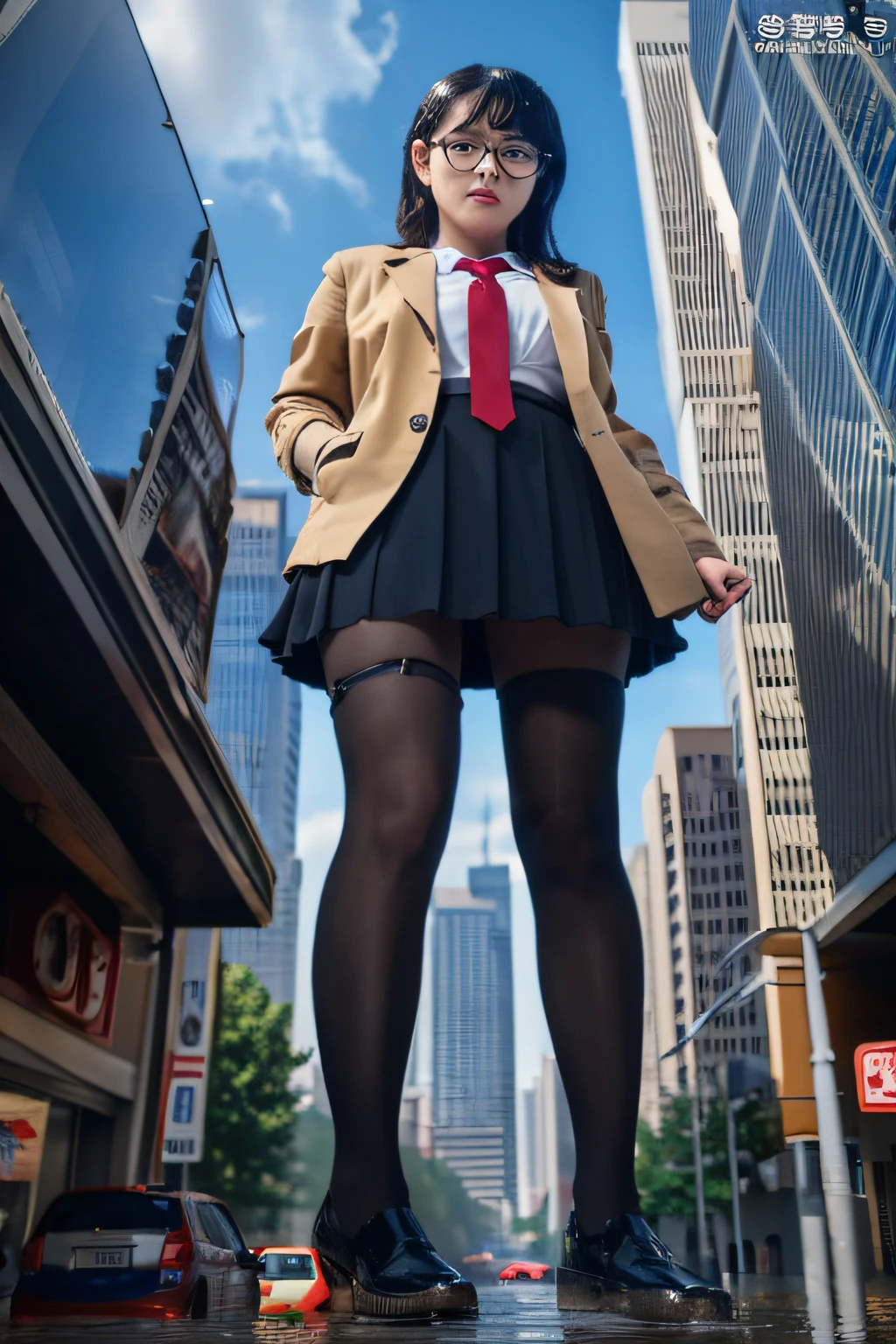 giantess art, a hyperrealistic schoolgirl, , highly detailed giantess shot, der riese, Shorthair, Black pantyhose, Giant high school girl that exceeds a skyscraper。Wearing rimless glasses。Colossal tits。Navy blue blazer、Red tie、Mini Length Skirt、Black pantyhose、Pantyhose sole、Pantyhose Toe、hands off shoes。very small metropolis。Pissing in a miniature metropolis。tsunami of urine。Small trains and cars are washed away with urine.。Full body depiction。der riese, Black pantyhose, Pantyhose legs, Pantyhose feet, ,Stomping City,crash city,Small town,micro city, Peeing,