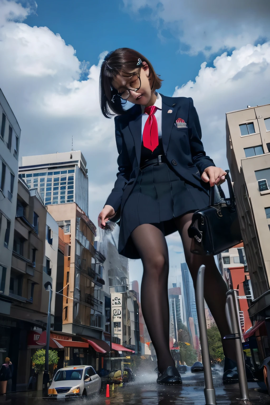 giantess art, a hyperrealistic schoolgirl, , highly detailed giantess shot, der riese, Shorthair, Black pantyhose, Giant high school girl that exceeds a skyscraper。Wearing rimless glasses。Colossal tits。Navy blue blazer、Red tie、Mini Length Skirt、Black pantyhose、Pantyhose sole、Pantyhose Toe、hands off shoes。very small metropolis。Pissing in a miniature metropolis。tsunami of urine。Small trains and cars are washed away with urine.。Full body depiction。der riese, Black pantyhose, Pantyhose legs, Pantyhose feet, ,Stomping City,crash city,Small town,micro city, Peeing,