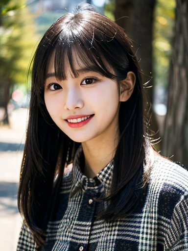 (masterpiece, best quality, photo realistic, official art:1.4), (UHD, 8K quality wallpaper, High resolution, raw photo, film grain:1.2), (shiny skin), professional lighting, physically-based rendering, Award-winning, highly detailed skin, (extremely detailed face and eyes, clear pupils), Carl Zeiss 300mm F/2.8, depth of field, BREAK, 1girl, solo, kawaii 24-year-old Korean girl, (Nogizaka idol:0.7), (Korean idol Suzy), (glossy straight black hair, bust length straight hair,  straight bangs:1.3), extra rounded face, (single eyelid), (big laughing:1.3), beautiful even white teeth, (wearing check patterned longsleeve flannel shirt:1.3), (trekking pants,  trekking boots:0.7), (breasts emphasized, well shaped medium breasts:0.8), (looking at viewer), BREAK, (at a forest in Yosemite National Park), winter daytime, warm sunlight, (The Half Dome in background:1.2), (seductive posing, dynamic angle:1.3), upper body shot,