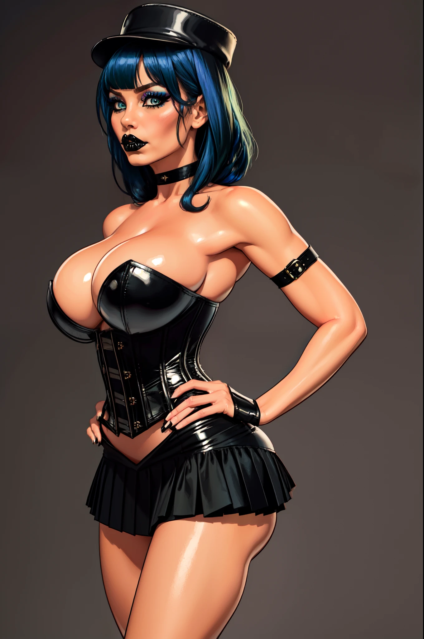 biker chick, solo, Blue emo hair, black  corset, (pleated micro skirt), (huge breasts) (wide hips),  (masterpiece), green eyes, dark hat, (heavy goth makeup:1.3), perfect body, (ultra realistic eyes), (detailed face),  symmetrical balance, in-frame, symmetrical face, symmetrical body, symmetric hands.