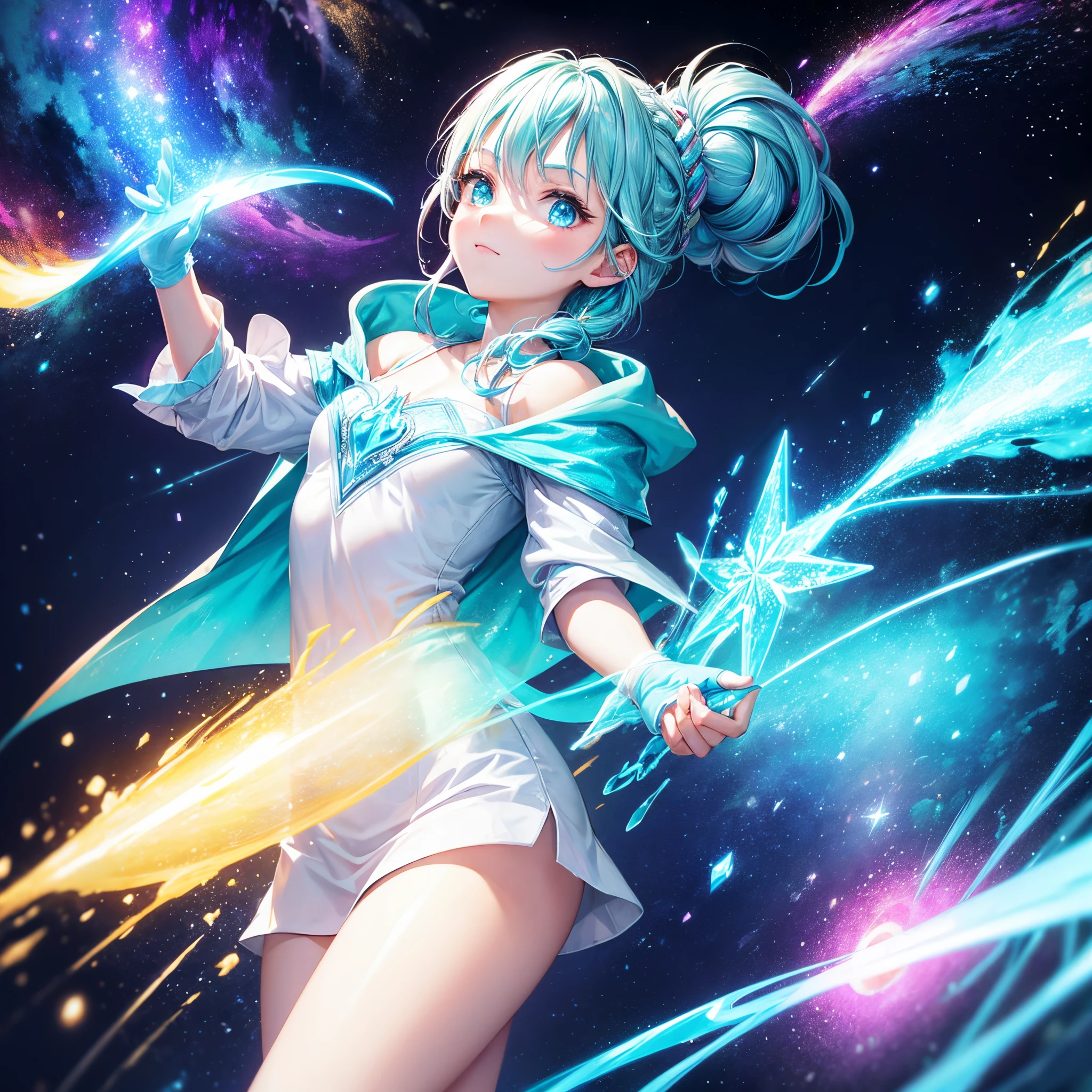 Else from frozen, with neon blue streaks in hair, neon supernova background