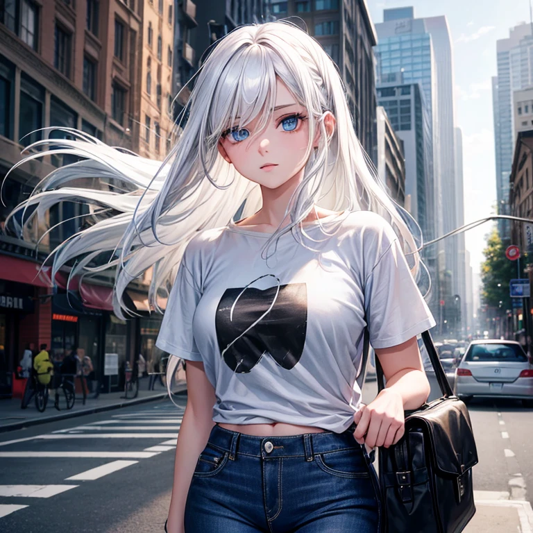 A 25 years old girl with white hair, blue eyes, wearing black full slive t-shirt and full female jeans pant, standing at city road, looking at viewer,  high resolution, masterpiece