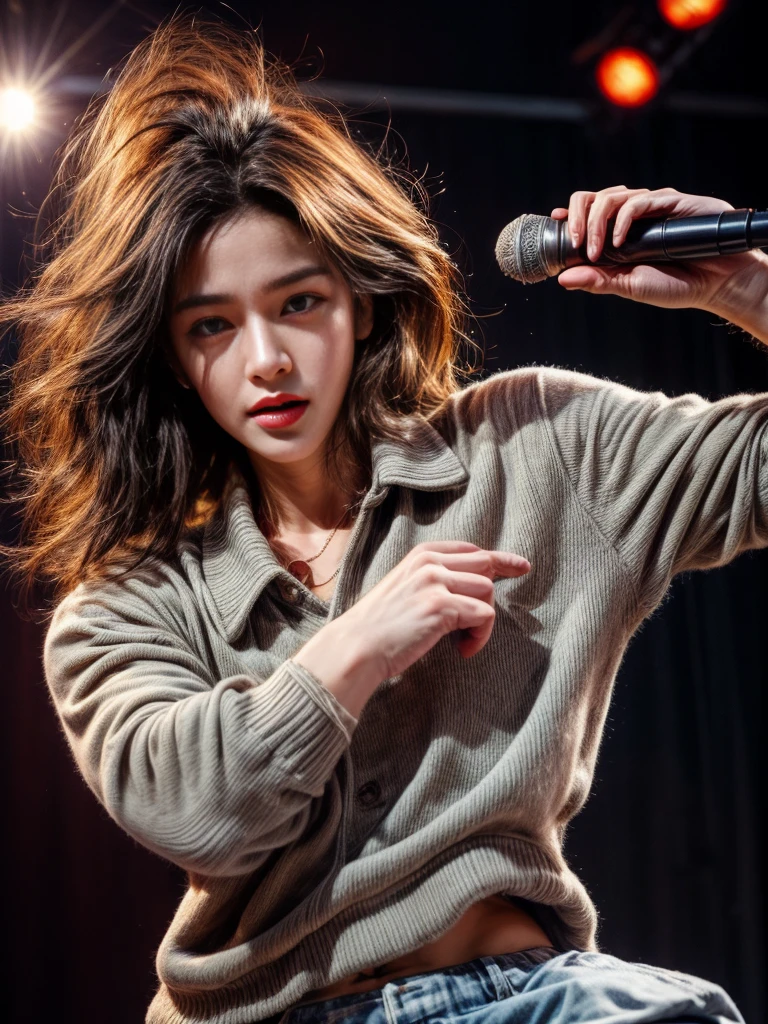 handsome face, stylish outfit, dynamic pose, charismatic expression, vibrant colors, studio lighting, close-up shot, microphone, stage performance, concert atmosphere