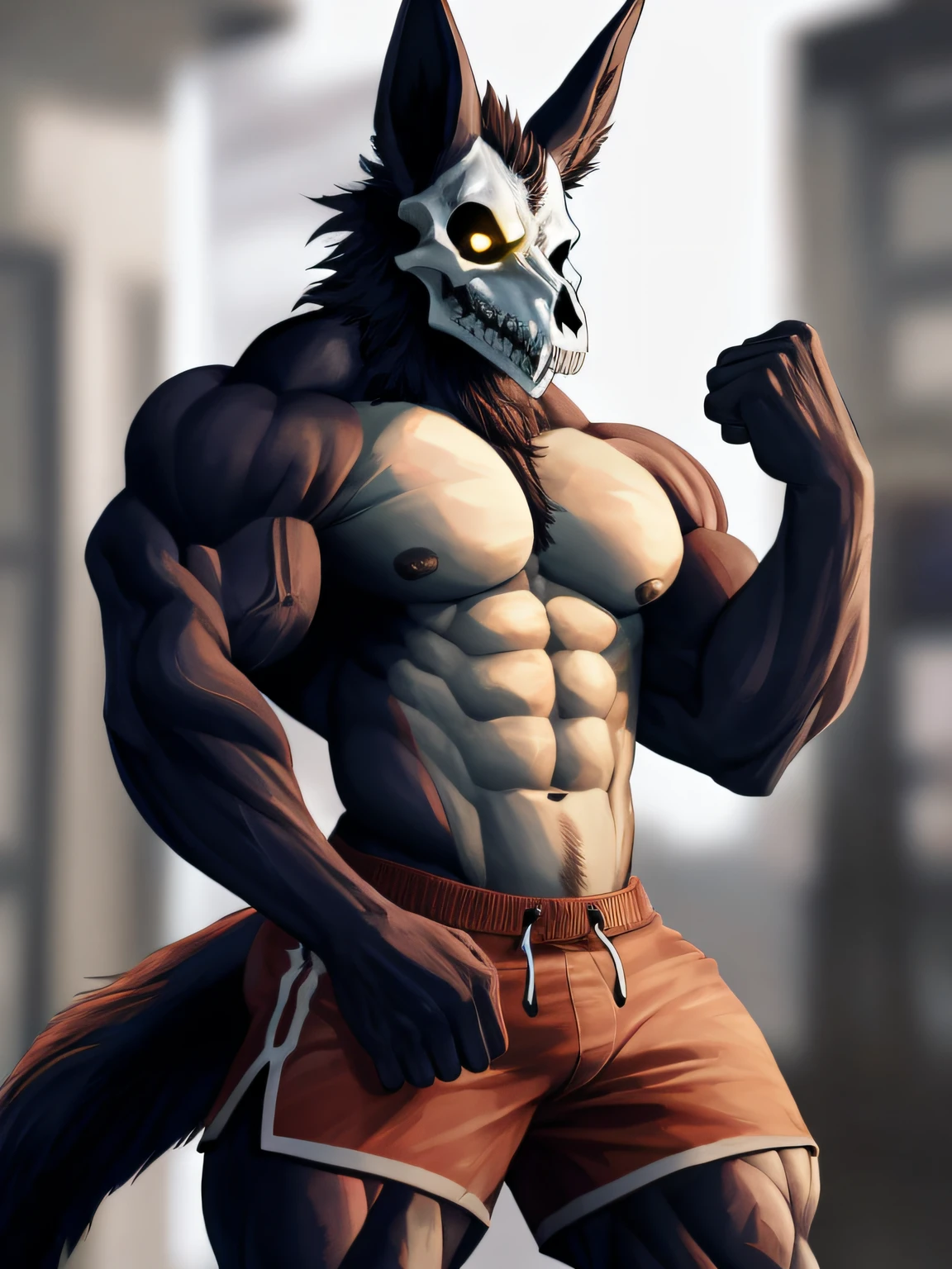 hi res, (Skulldog), black fur, anthro, blurred background, male, muscular, muscular anthro, muscular male, tail, solo, detailed background, flexing muscles, (kemono), glowing eyes, suggestive, shorts