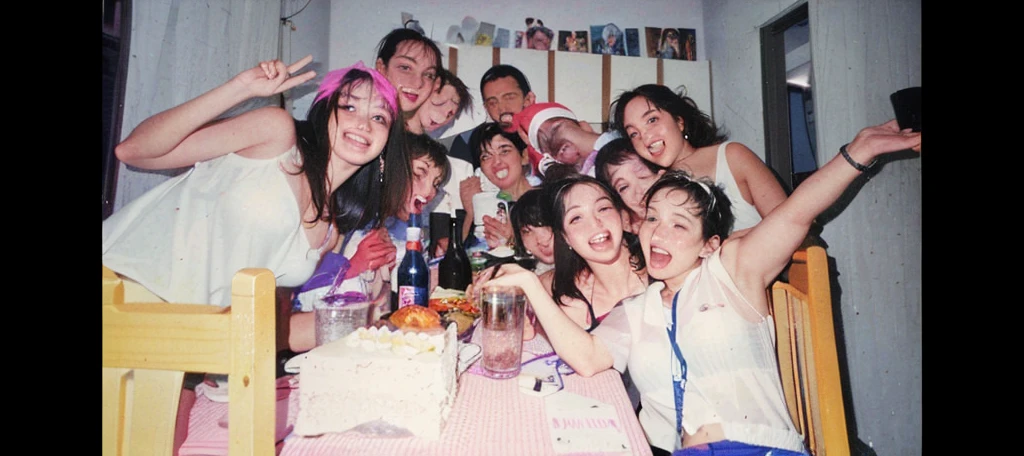 there are many people sitting at a table with drinks and cake, party, 90s photo, 90's photo, photo 1998, analogue photo low quality, from 2001, scanned, photo 1 9 9 0 s, a group of people, foto realista, 30-year-old woman from cuba, good times, wining