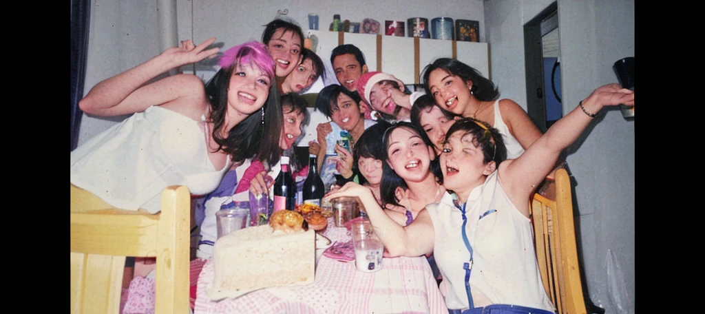 there are many people sitting at a table with drinks and cake, party, 90s photo, 90's photo, photo 1998, analogue photo low quality, from 2001, scanned, photo 1 9 9 0 s, a group of people, foto realista, 30-year-old woman from cuba, good times, wining