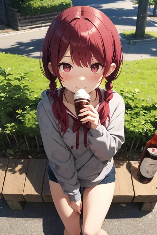 Wine red hair, full body Esbian, fluffy hair, Layered Bob, Braided shorthair, asymmetrical length pigtails, ((One-sided pigtails)), a short bob, trainers, Gray hoodie, sit on a bench, Eating ice cream, Slightly red tide, Open your mouth wide to the maximum, shyly smile, ((Perspective from above))