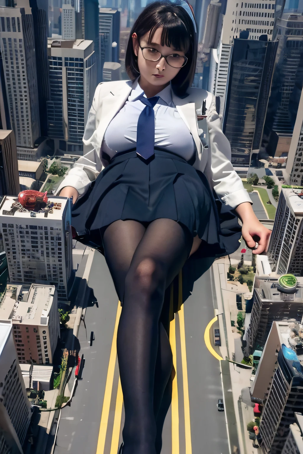 Giant girl art, Surreal , , highly detailed Giant girl shot, Giant, short hair, Black Pantyhose, A gigantic bigger than a skyscraper。Very huge boobs。Navy Blue Blazer、Red tie、Mini skirt、Black Pantyhose、Pantyhose sole、Pantyhose Toes、take off shoes。very small metropolis。Masturbating in a miniature metropolis。Full body description。Giant girl, Black Pantyhose, Pantyhose Legs, Pantyhose Legs, ,Stomping City,Crush City,Small Town,Micro City, Pee,