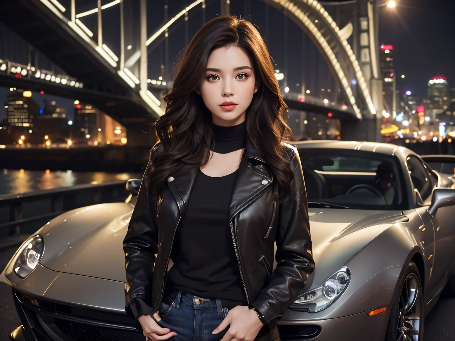 A beautiful woman stands in front of a car-shaped time machine. Dark brown hair. Beautiful double eyes. The bridge of my nose. Well-shaped lips. Wearing a jacket and jeans. The location is a city at night. The car is a sports car type.