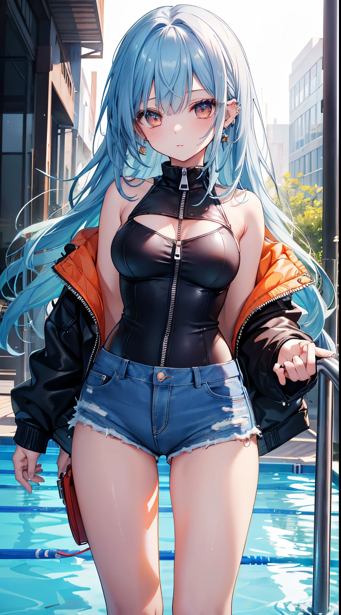(8K、Top image quality、top-quality、masterpiece)、1 girl in、blue hairs、Long Wave Hair、Orange eyes、piercings、Moderately breasts、White tube top、denim short shorts、(open zipper)、cowboy shot、background a pool