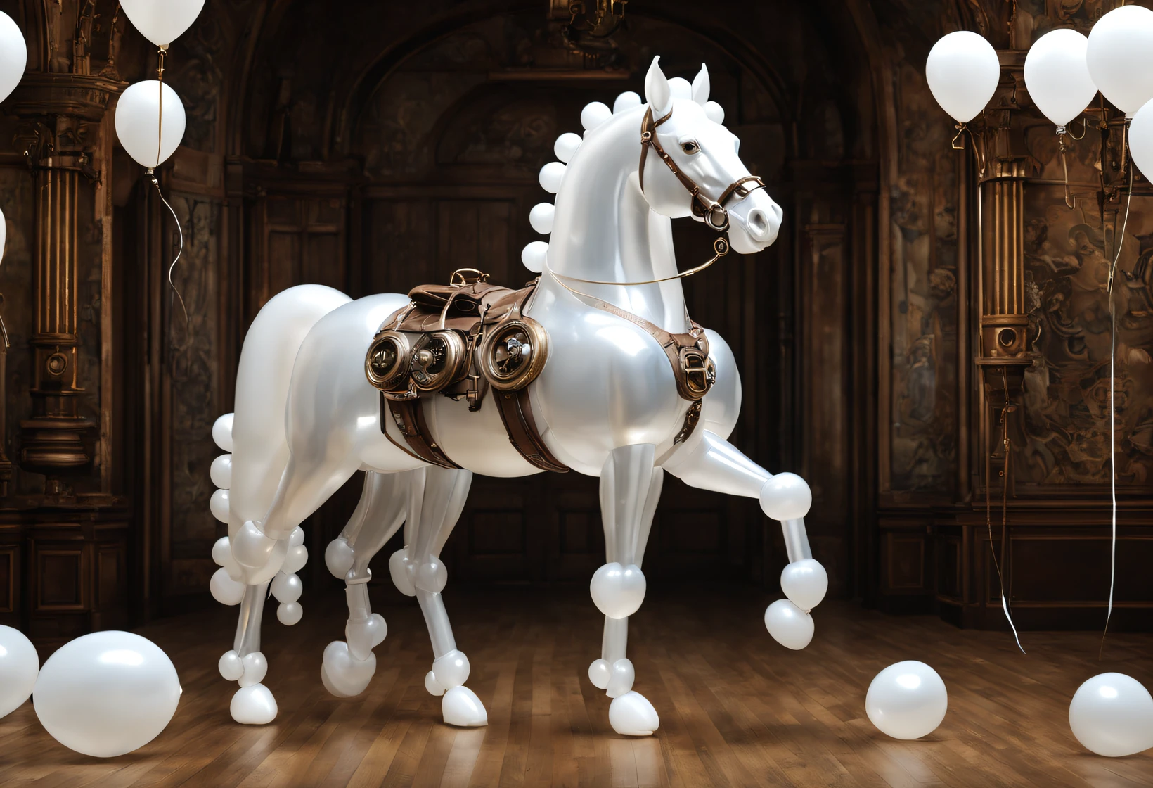 (balloon art design),(A steampunk horse made of white half balloons), (Horse body and tail made of translucent white balloons:1.1),(without humans:1.3),Translucent Steampunk Reins,a 3D render, Anatomically correct horses, a 3D render, The organic combination of animation machine and balloon, Holographic steampunk background,