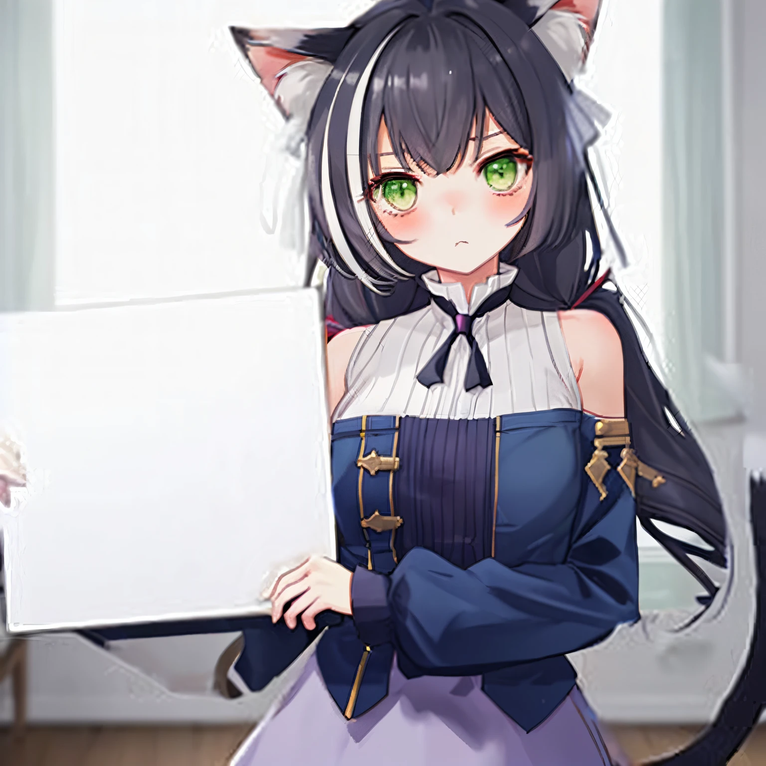 masterpieces, game style, a girl, gloom, apologetic, worried, navy blue clothes, light purple skirt with tube neck, cat ears, green eyes, long hair, black hair, with low twin-tails, with black cat tail, a white tip on the tail, holding large white board in front of her chest with both hands, a silver streak on her bangs over her right eye, in room