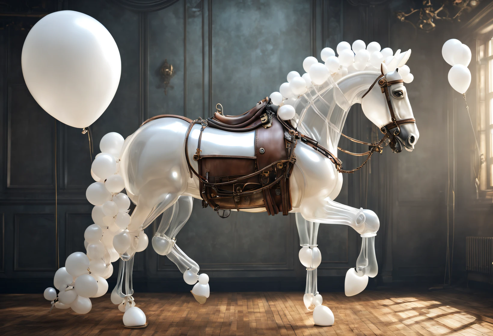 (balloon art design),(A steampunk horse made of white half balloons), (Horse body and tail made of translucent white balloons:1.1),(without humans:1.3),Translucent Steampunk Reins,a 3D render, Anatomically correct horses, a 3D render, The organic combination of animation machine and balloon, Holographic steampunk background,