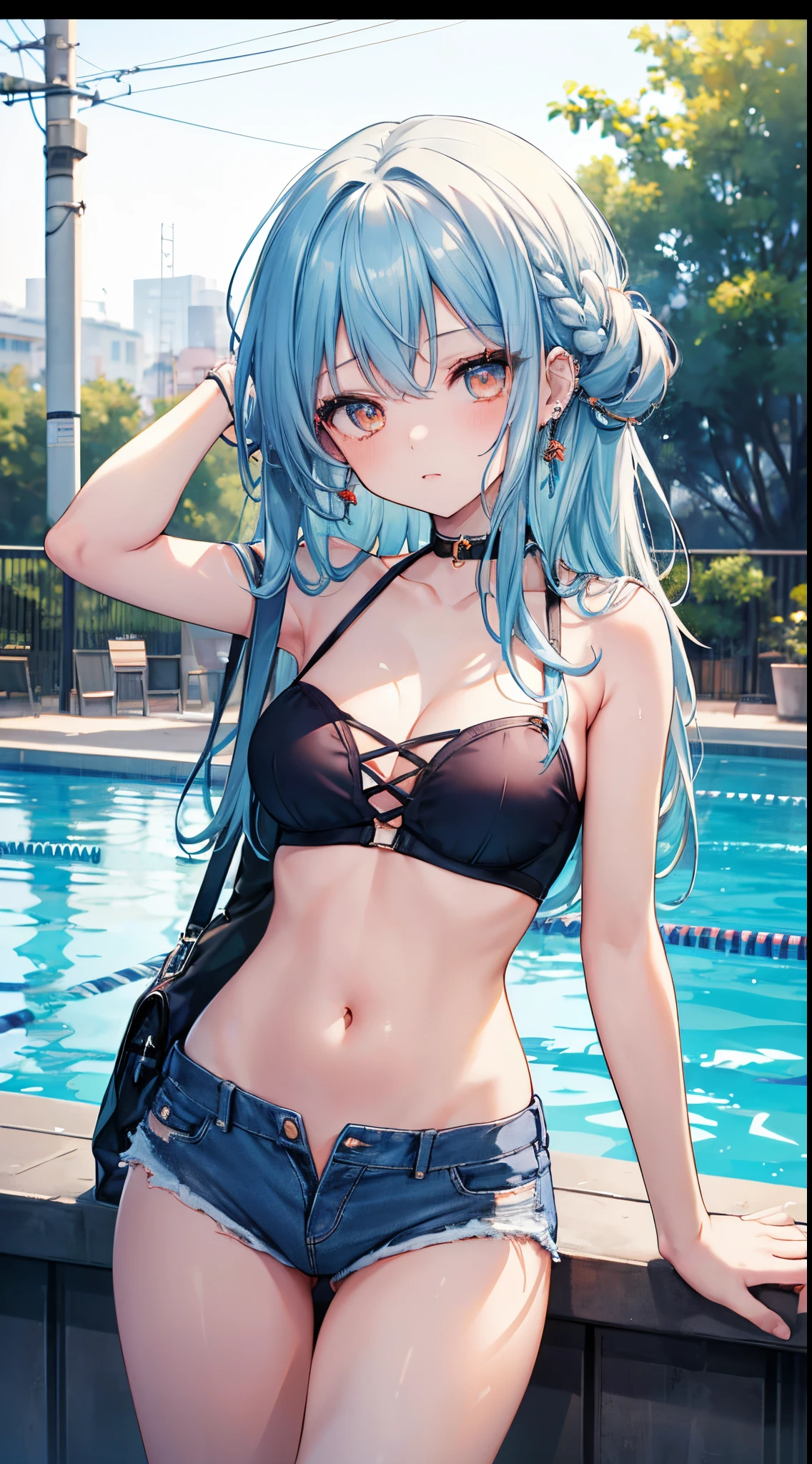 (8K、Top image quality、top-quality、masterpiece)、1 girl in、blue hairs、Long Wave Hair、Orange eyes、piercings、Moderately breasts、White tube top、denim short shorts、(open front)、cowboy shot、background a pool