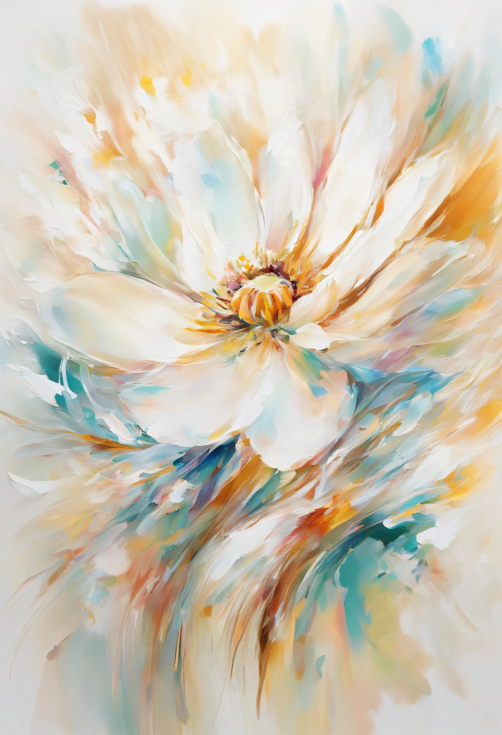 Draw an abstract painting of a single flower., single white cosmos flower、use acrylic paint、Abstract artist known for his unique use of acrylic pouring, real brush strokes，aesthetic composition，Minimal style, Delicate and light brush strokes、transparent shape、symbolizes vulnerability and purity、Create works that express weakness、 The main color scheme of the work is、、、、、、、、、、、、、、、、、、Composed of simple and pure colors, Add moist compacted sand、Enhances the texture and tactile elements of your artwork。, While staring at this image, oot、Interaction of color and texture、place oneself in a vulnerable atmosphere。.....、Guided by defenseless purity