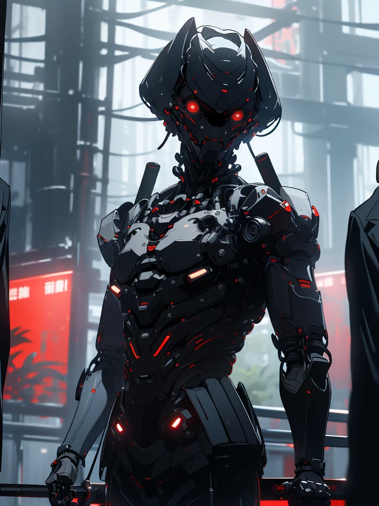 (masterpiece, best quality), black hair, short hair, plant, looking at viewer, red eyes, katana, High-tech armor, reinforced exoskeleton, solo focus, standing, (1man:1.4),