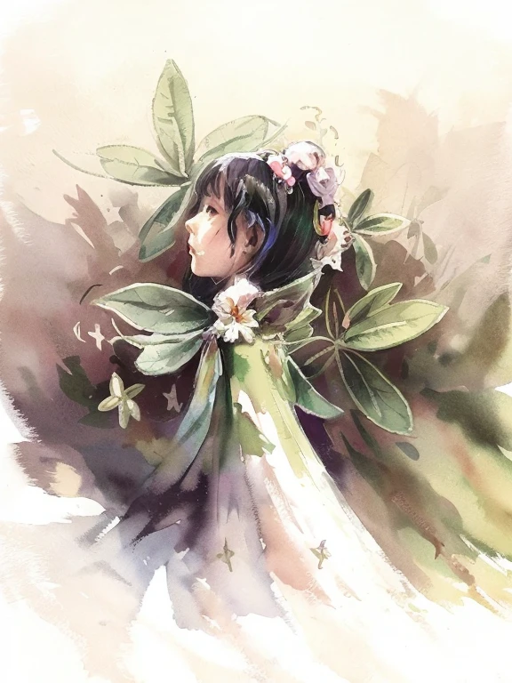 Drawing of a little girl holding a bouquet of flowers in her hands, study of a flower fairy, Elf girl in floral suit, space flower fairy,portrait of a fairy, pixie character, pencil doodle, The character is in a natural pose, flower in her hair, possibly an angel, humanoid flora