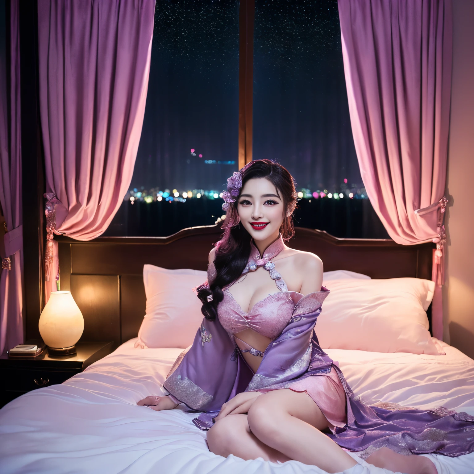 ((top-quality、masutepiece、8K、Top image quality、Highly complex and detailed depictions))、(1人の女性:1.1)、((traditional chinese pink hanfu、Woman wearing pink traditional chinese hanfu、An unimaginably luxurious bedroom、(purple and pink bedroom:1.3)、(romantic dark night:1.3)、(pink and purple lighting:1.2)、spectacular movie lighting、The most luxurious and sparkling bedroom、(romantic midnight:1.3)、Very complex decoration、(Bed surrounded by huge beautiful curtains:1.2)、(View me、Bewitching smile、Perfect makeup、long eyelashes、lipsticks、Pink eyeshadows、perfect anatomia、Biggest smile)
