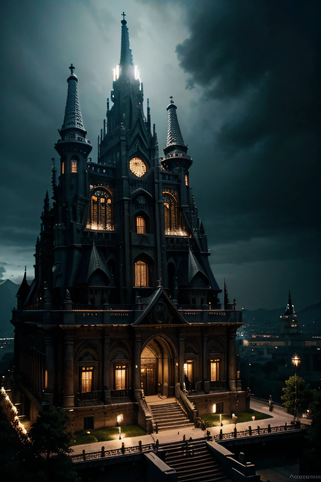 Un edificio enorme, dark fantasy stately, dentro de celebra un juicio, obra maestra, mucho detalle, enorme, epic