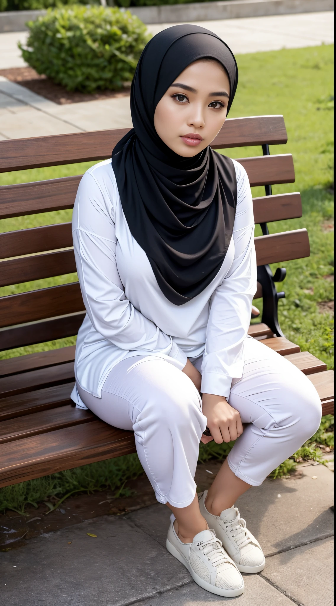 RAW, Best quality, high resolution, masterpiece: 1.3), beautiful Malay woman on hijab (iu:0.8),((big breast)), perfect nose,perfect lips, perfect eyes, detail :1.2),big breast, full body, beautifull face,sitting on a bench with a black scarf on, sitting on the ground, casual clothing style, wearing casual clothing, casual pose, wearing casual clothes, white hijab, modern casual clothing, sitting on a bench, hijab, casual modern clothing, sitting down casually, beautiful malaywoman, simple style, cat, wearing elegant casual clothes, sitting on bench, sit