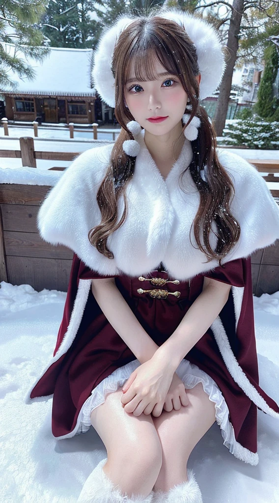 (Best quality, 8K, 32K，The details are super clear),Photorealistic, high resolution, 1 Japan Women, Solo, (Lolita costume)，Gorgeous costumes，Face the audience，(The upper part of the body，upper legs)， beautidful eyes, Brown hair, ringed eyes, (outside，Heavy snowfall，Thick fur cape，Cover with snow)，snowfield，Blue eyes，Illustrations of the highest quality，A meticulous face