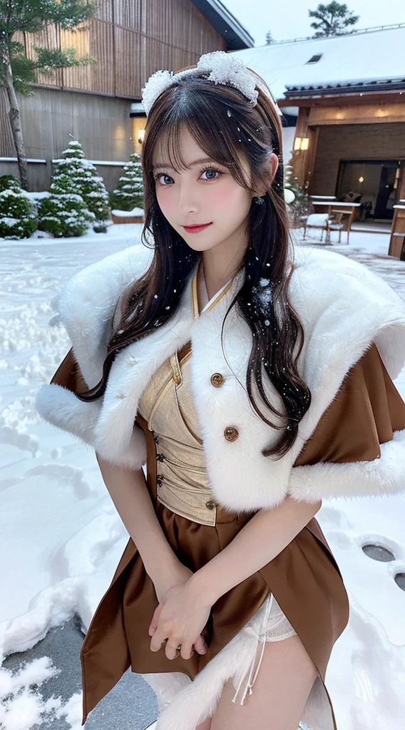 (Best quality, 8K, 32K，The details are super clear),Photorealistic, high resolution, 1 Japan Women, Solo, (Lolita costume)，Gorgeous costumes，Face the audience，(The upper part of the body，upper legs)， beautidful eyes, Brown hair, ringed eyes, (outside，Heavy snowfall，Thick fur cape，Cover with snow)，snowfield，Blue eyes，Illustrations of the highest quality，A meticulous face