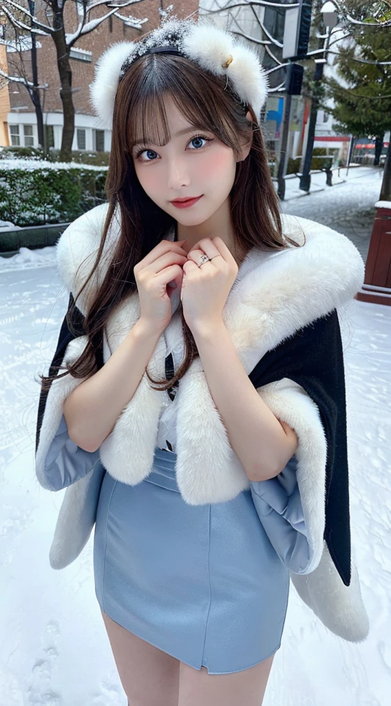 (Best quality, 8K, 32K，The details are super clear),Photorealistic, high resolution, 1 Japan Women, Solo, (Lolita costume)，Gorgeous costumes，Face the audience，(The upper part of the body，upper legs)， beautidful eyes, Brown hair, ringed eyes, (outside，Heavy snowfall，Thick fur cape，Cover with snow)，snowfield，Blue eyes，Illustrations of the highest quality，A meticulous face
