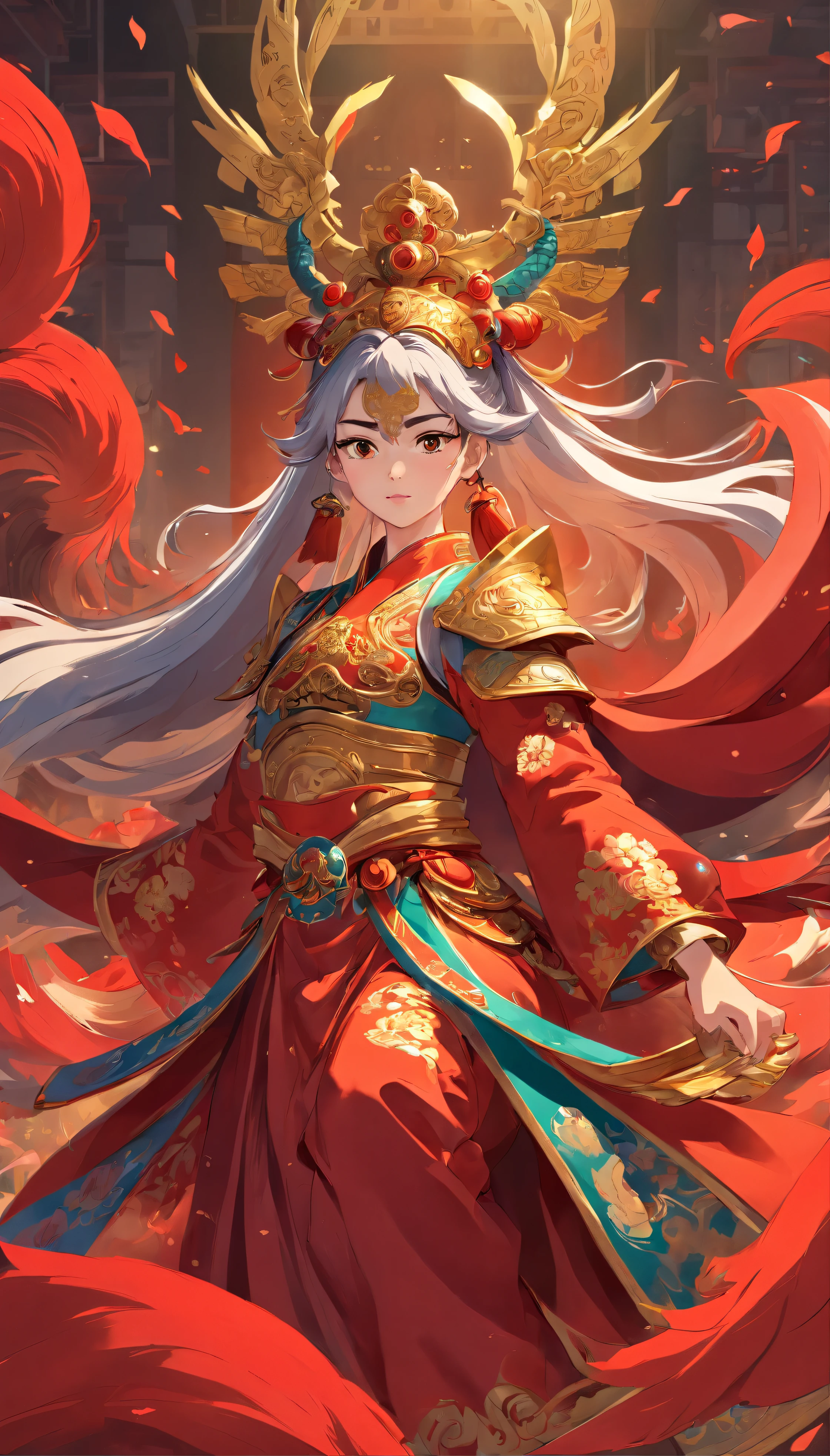 Chinese，Chinese drama，Peking Opera costumes，Guan Yu costume，Drama Facebook，red colour，The middle view is，ultra - detailed，ultra - detailed，high high quality，8K ，Focus，Highly detailed and ultra-realistic visuals，oc rendered， - AR 16:9 --q 2 --s 1000