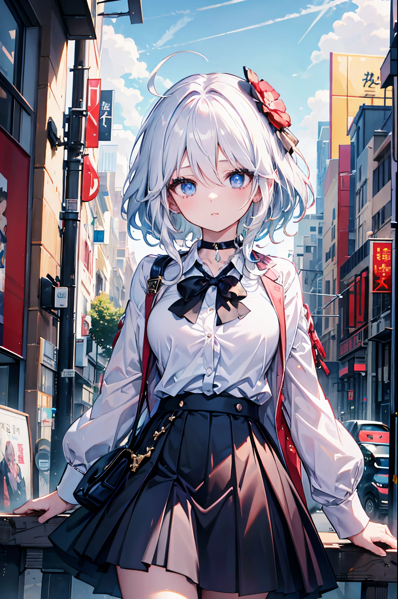 Best quality，tmasterpiece，1个Giant Breast Girl，White hair，messy  hair，curled_the hair，The shirt，a skirt，only，Jie Kang，Red_the bow，Wrist watch，choker necklace，looking over city，8K original image，超高分辨率，highest details，复杂，8K，HighDynamicRange