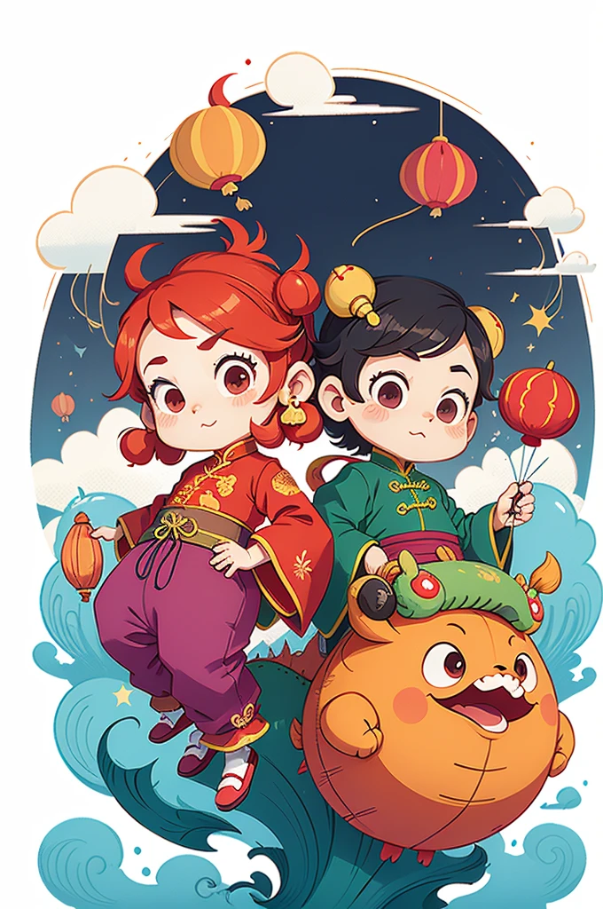 ((1 cute and festive balloon Chinese dragon and a balloon boy, Wearing traditional Chinese clothes made of balloons, UE5, firecrackers, Auspicious clouds, fundo vermelho)), Cute and detailed digital art, lovely digital painting, adolable, Lovely detailed artwork, ((Cute vector illustration)), digital painting very detailed, Cute and colorful, cute big breasts, Highly detailed digital artwork, detail-rich、plethora of colors,Cartoon vector style, Avatar picture, Flat anime style, Cartoon minimalism, Flat vector art, flatillustration, Cartoon Cute