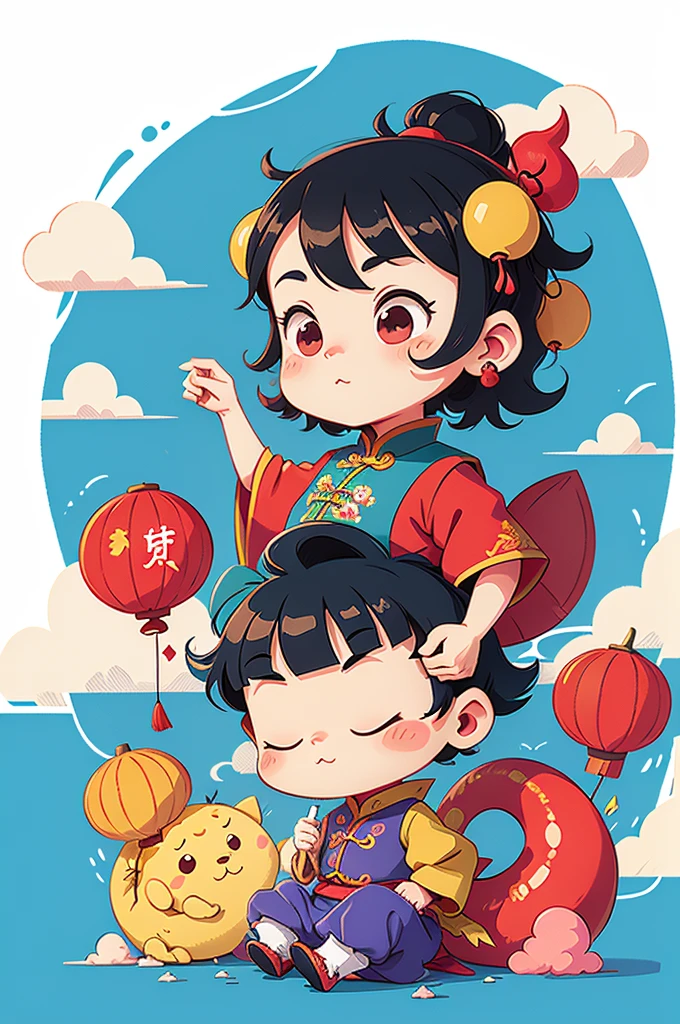 ((1 cute and festive balloon Chinese dragon and a balloon boy, Wearing traditional Chinese clothes made of balloons, UE5, firecrackers, Auspicious clouds, fundo vermelho)), Cute and detailed digital art, lovely digital painting, adolable, Lovely detailed artwork, ((Cute vector illustration)), digital painting very detailed, Cute and colorful, cute big breasts, Highly detailed digital artwork, detail-rich、plethora of colors，Cartoon vector style, Avatar picture， Flat anime style, Cartoon minimalism, Flat vector art, flatillustration, Cartoon Cute
