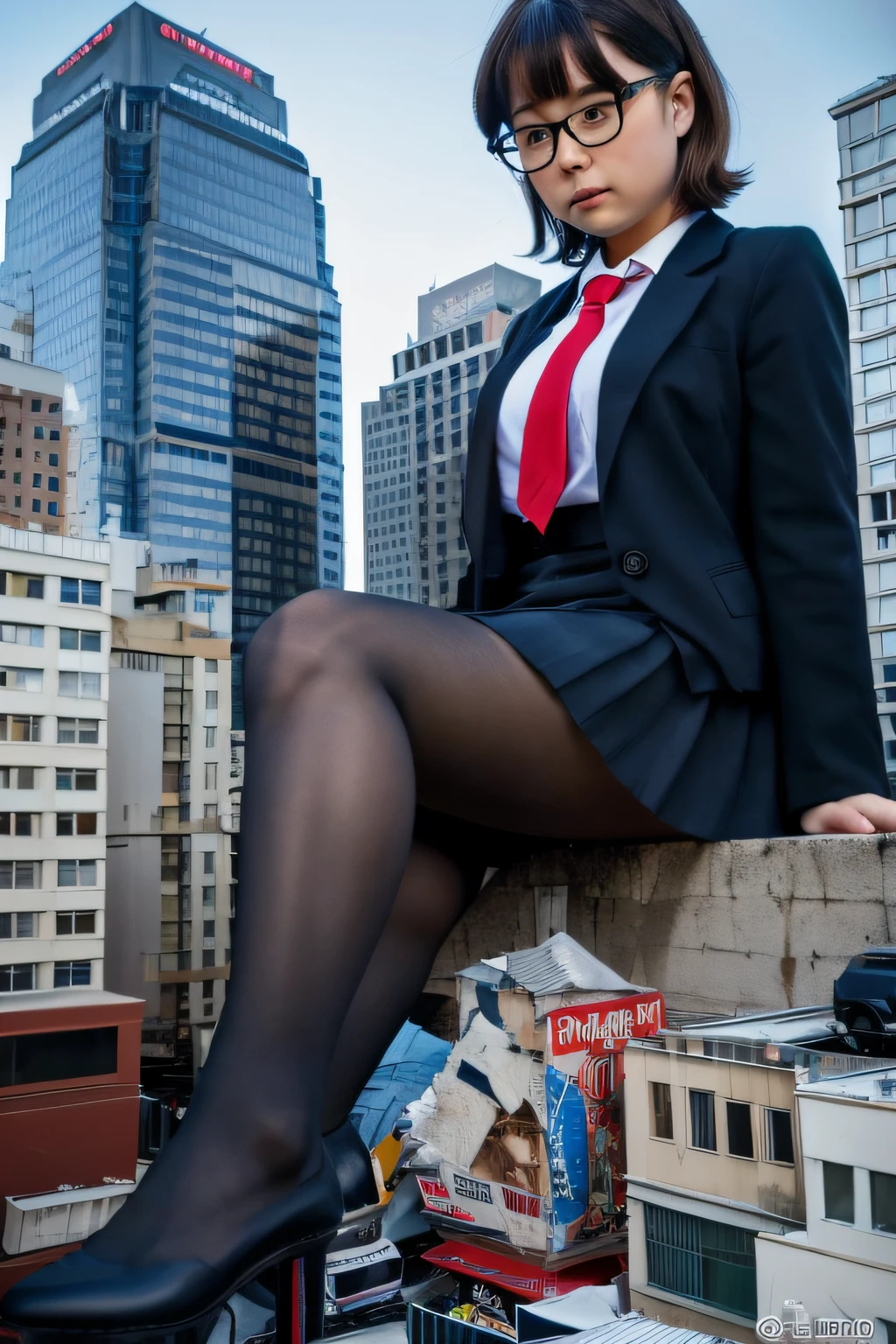 giantess art, a hyperrealistic schoolgirl, , highly detailed giantess shot, der riese, Shorthair, Black pantyhose, Giant high school girl that exceeds a skyscraper。Wearing rimless glasses。Colossal tits。Navy blue blazer、Red tie、Mini Length Skirt、Black pantyhose、Pantyhose sole、Pantyhose Toe、hands off shoes。very small metropolis。Trying to destroy a miniature metropolis。Full body depiction。gigagts, der riese, Black pantyhose, Pantyhose legs, Pantyhose feet, ,Stomping City,crash city,Small town,micro city,