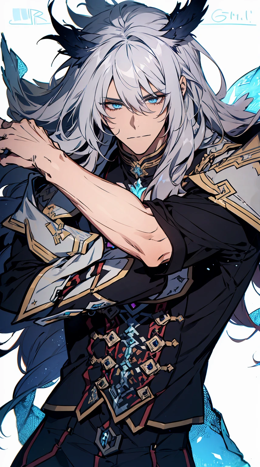 1 Young Man、gray long hair、verd s eyes、Serious、Best Quality、８Ｋ、blue flames