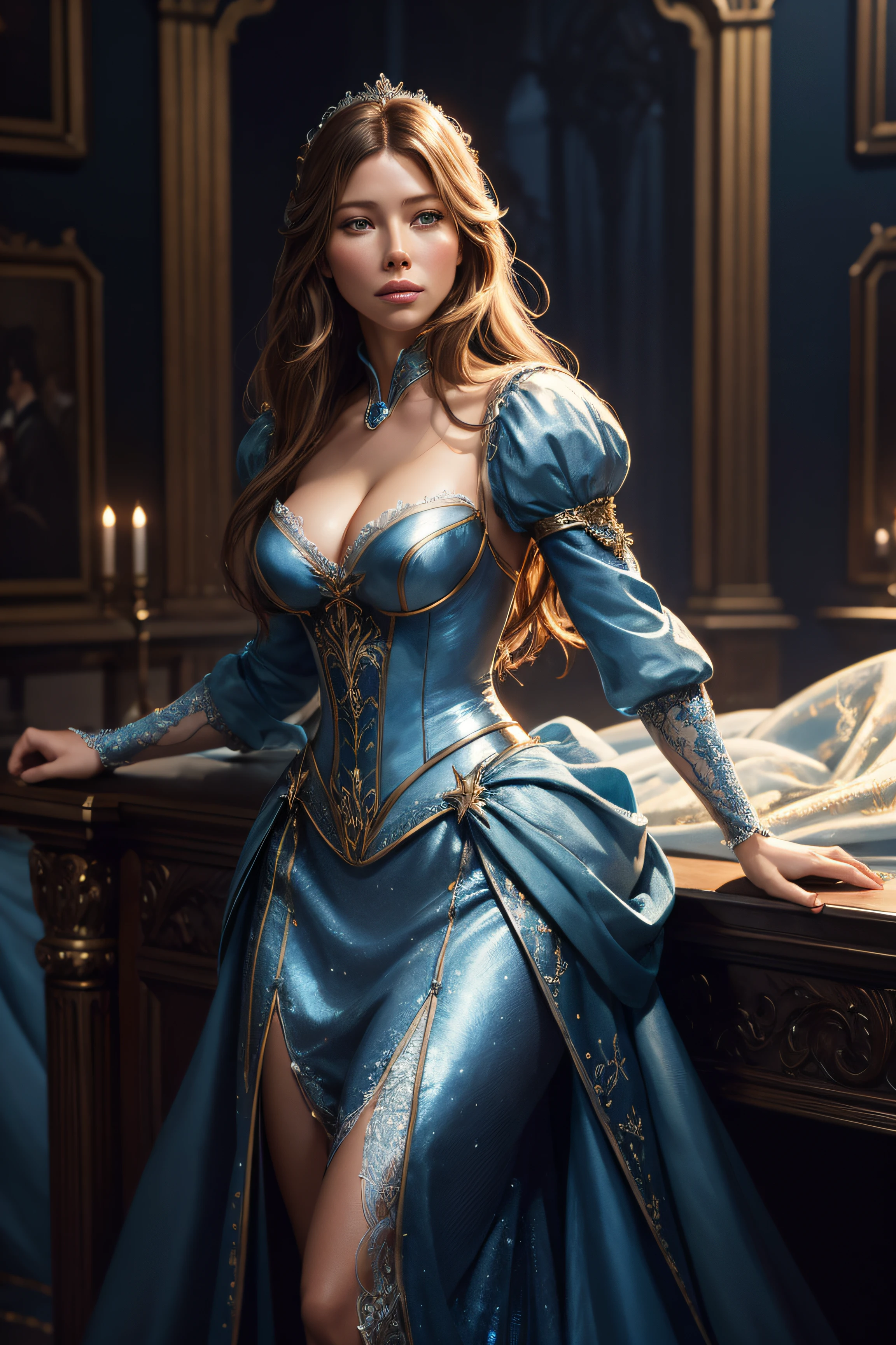 Jessica Biel, Cinderella sexy clothes, character portrait, 2 9 9 0 s, long hair, intricate, elegant, highly detailed, digital painting, artstation, concept art, smooth, sharp focus, illustration