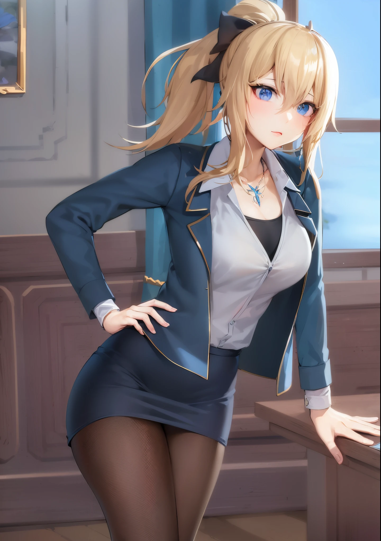 anime girl in a skirt suit posing in a room, smooth anime cg art, realistic schoolgirl, fine details. girls frontline, azur lane style, blonde anime girl with long hair, artoria pendragon, painted in anime painter studio, a hyperrealistic schoolgirl, marin kitagawa fanart, seductive anime girl, hyperrealistic schoolgirl, (sfw) safe for work