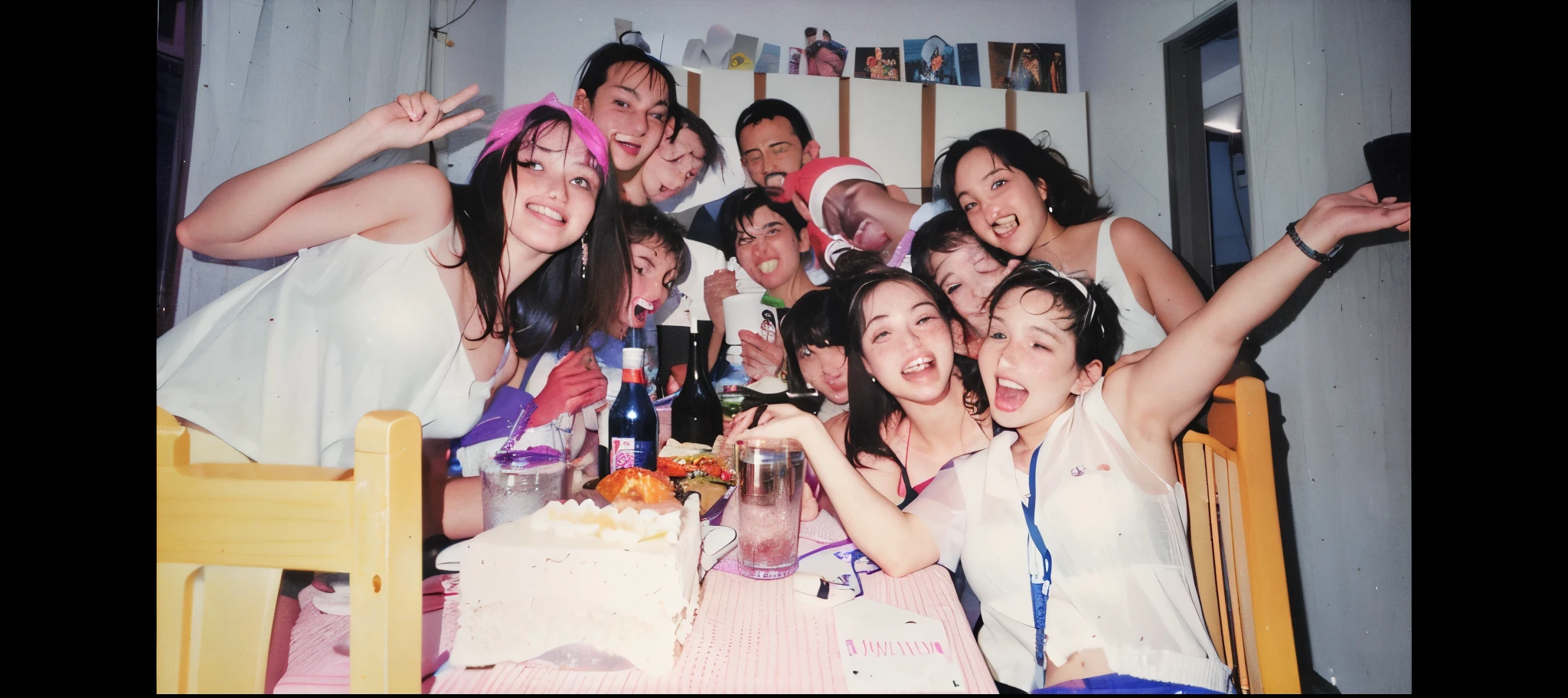 there are many people sitting at a table with drinks and cake, party, 90s photo, 90's photo, photo 1998, analogue photo low quality, from 2001, scanned, photo 1 9 9 0 s, a group of people, foto realista, 30-year-old woman from cuba, good times, wining