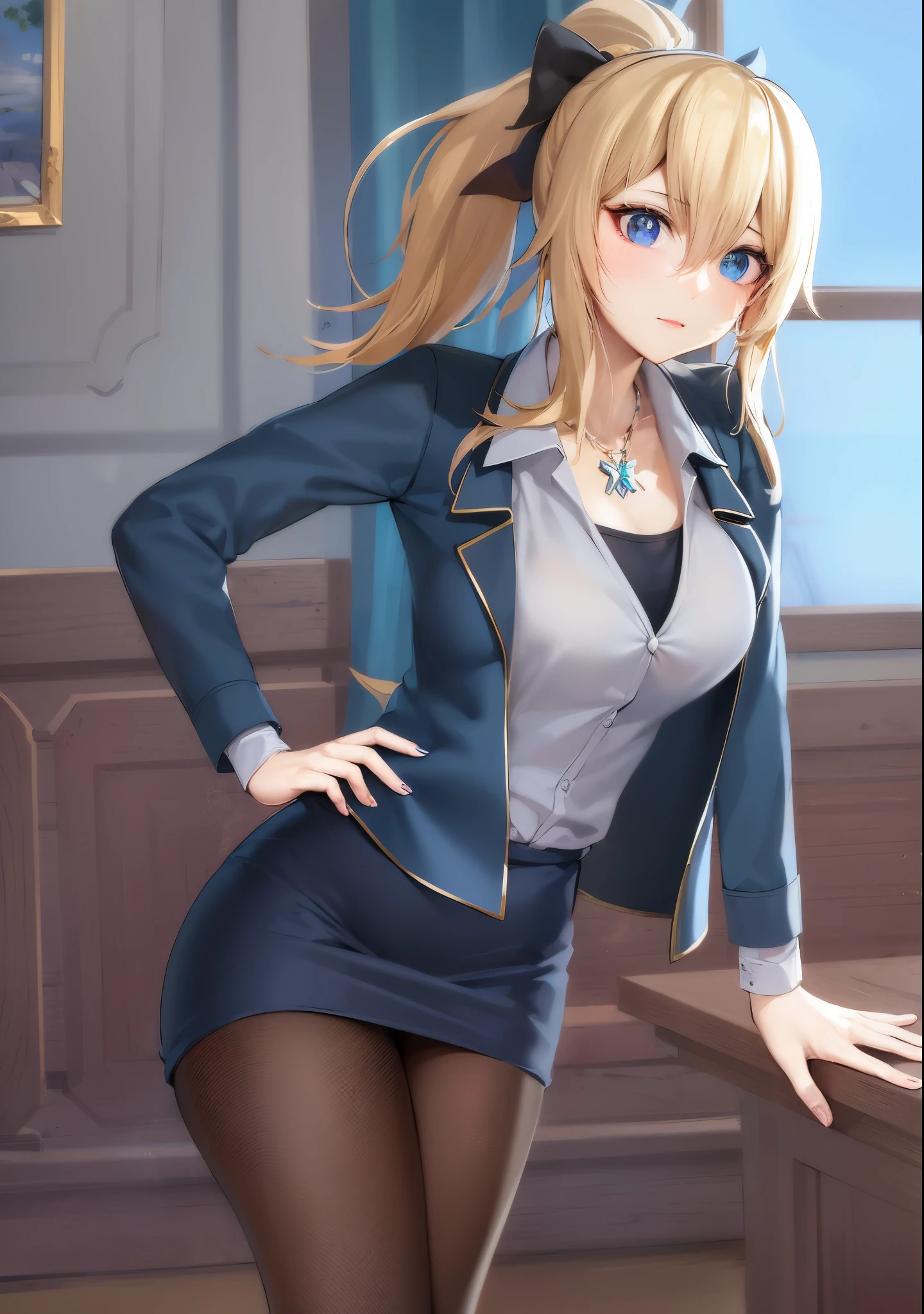 anime girl in a skirt suit posing in a room, smooth anime cg art, realistic schoolgirl, fine details. girls frontline, azur lane style, blonde anime girl with long hair, artoria pendragon, painted in anime painter studio, a hyperrealistic schoolgirl, marin kitagawa fanart, seductive anime girl, hyperrealistic schoolgirl, (sfw) safe for work