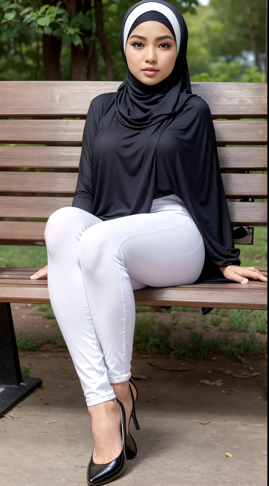 RAW, Best quality, high resolution, masterpiece: 1.3), beautiful Malay woman in hijab (iu:0.8),((big breasts)), perfect nose, perfect lips, perfect eyes, detail :1.2), big breasts, full body, beautiful face, thick thighs, sitting on a bench with a black shawl, sitting on the ground, casual clothing style, wearing casual clothing, casual pose, wearing casual clothing, white hijab, modern casual clothing, sitting on a bench, hijab, modern casual clothing, leggings ,sitting relaxed, beautiful Malay woman, simple style, wearing elegant casual clothes, sitting on a bench, sitting on a bench