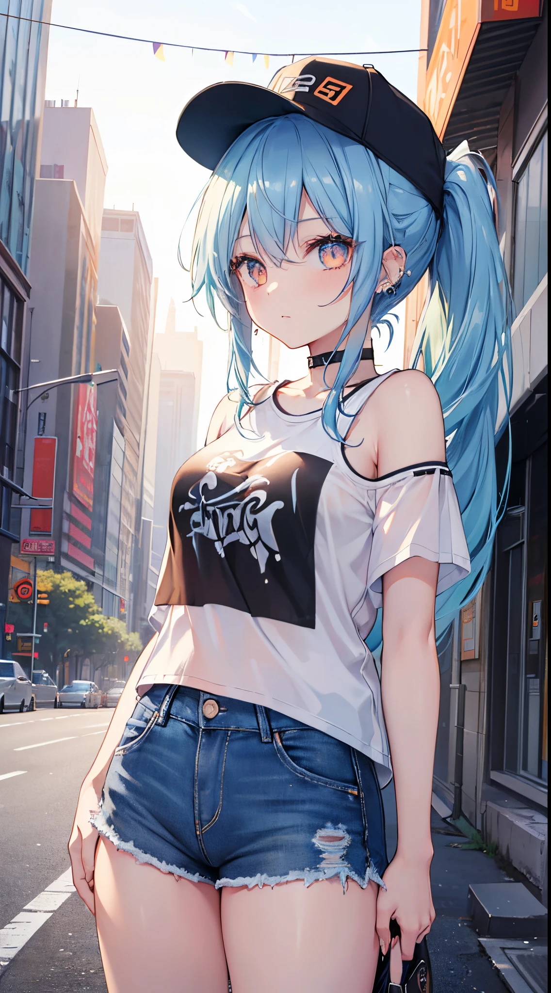 (8K、Top image quality、top-quality、masterpiece)、1 girl in、blue hairs、side poneyTail、Orange eyes、piercings、Moderately breasts、Black Baseball Cap、Lunette de soleil、Big white t-shirt、Shoulder out、denim short shorts、cowboy shot、City background、Taken from below