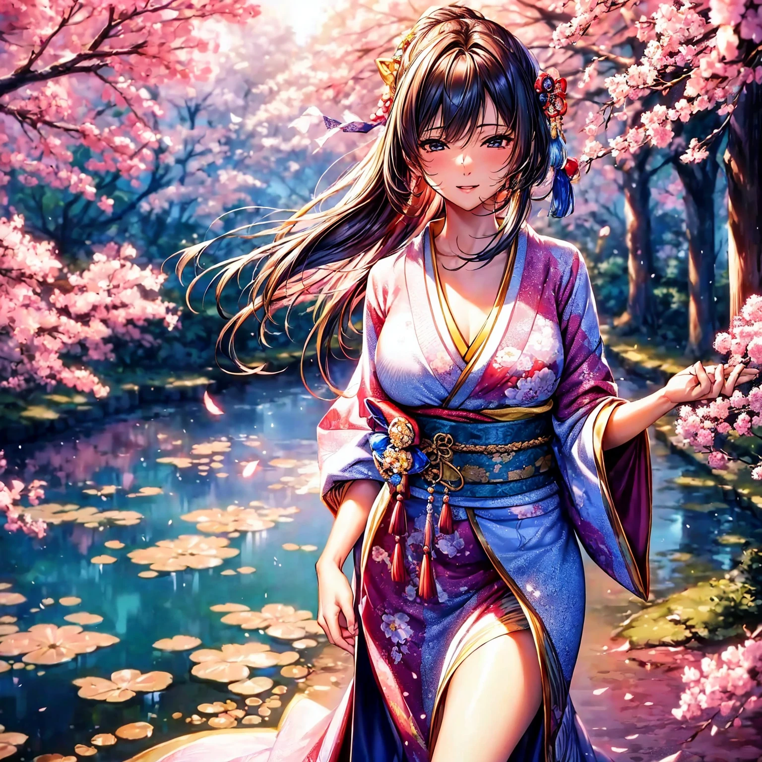 (top-quality、masterpiece、very high res、Ultra high resolution/high image quality detail 1.5)、One woman with perfect and ultimate beauty(18 years old 1.5)、Realistic portraits、Beautiful breasts with a slender body shape(F Cup 1.5)、Beautiful body、美丽的面容、Beautiful hair、Realistic textured skin and、Wearing a beautiful Japanese kimono、Kimono comes with colors and patterns、Bright smile、Hair flutters under the influence of the wind、Japanese garden with beautiful cherry blossoms at night、Mysterious night sky、Beautiful Landscapes、(accurate detail、the detailed images、Accurate images、Perfect Image 1.5)、、beautiful anime woman, Beautiful Art Style, an animated character、The whole picture、Detailed picture、accurate anatomy、Defect-free images、natural soft light、beautiful image、extremely detailed picture、(Best Shot 1.2)