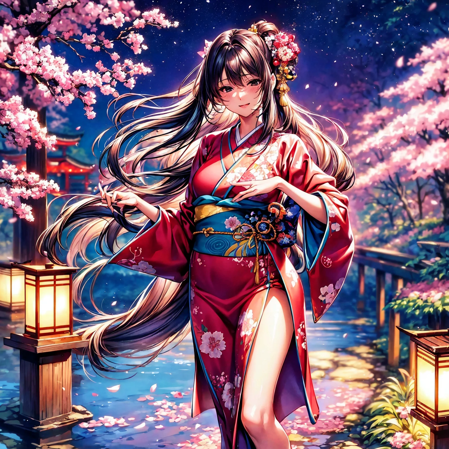 (top-quality、masterpiece、very high res、Ultra high resolution/high image quality detail 1.5)、One woman with perfect and ultimate beauty(18 years old 1.5)、Realistic portraits、Beautiful breasts with a slender body shape(F Cup 1.5)、Beautiful body、美丽的面容、Beautiful hair、Realistic textured skin and、Wearing a beautiful Japanese kimono、Kimono comes with colors and patterns、Bright smile、Hair flutters under the influence of the wind、Japanese garden with beautiful cherry blossoms at night、Mysterious night sky、Beautiful Landscapes、(accurate detail、the detailed images、Accurate images、Perfect Image 1.5)、、beautiful anime woman, Beautiful Art Style, an animated character、The whole picture、Detailed picture、accurate anatomy、Defect-free images、natural soft light、beautiful image、extremely detailed picture、(Best Shot 1.2)