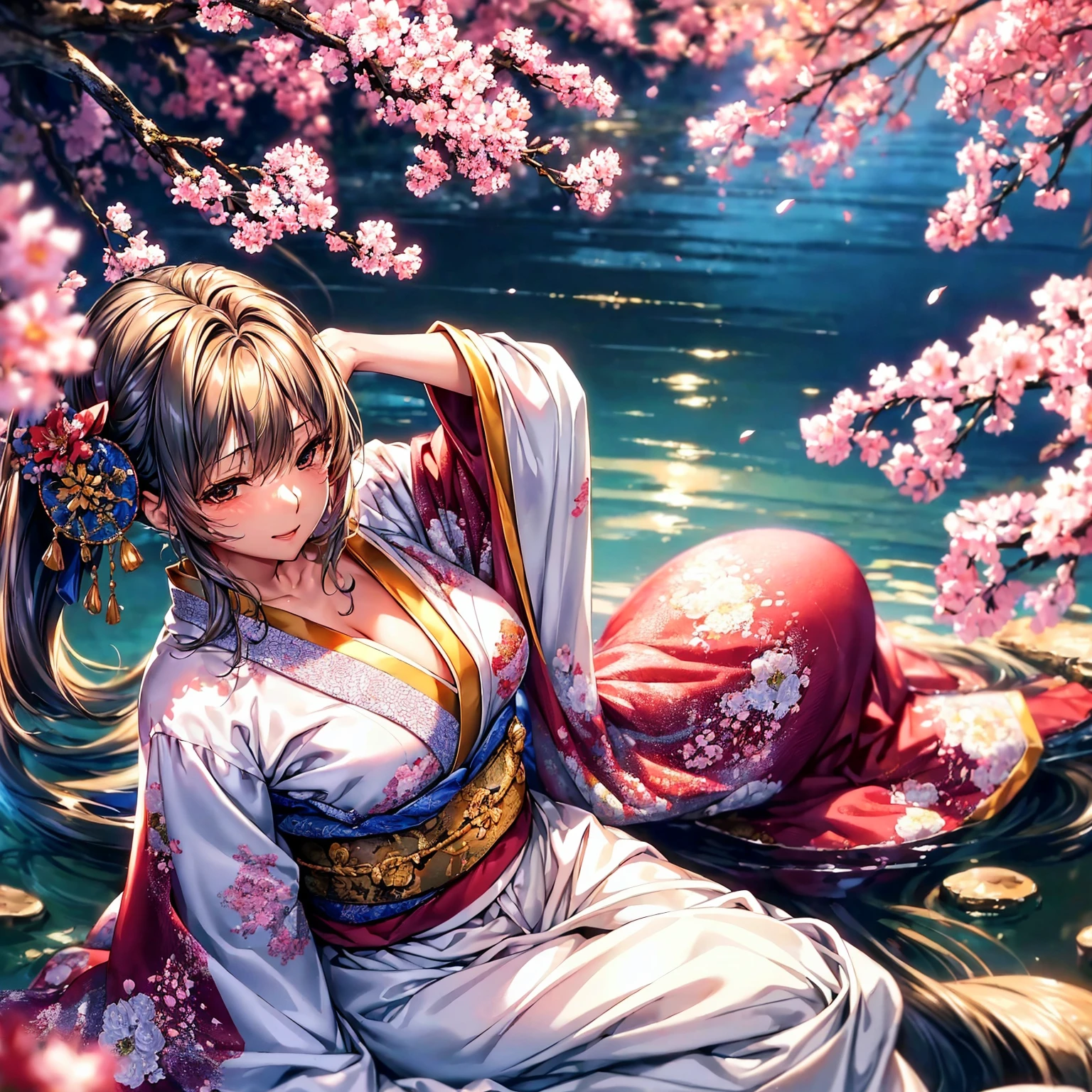 (top-quality、​masterpiece、very high res、Ultra high resolution/high image quality detail 1.5)、One woman with perfect and ultimate beauty(18 years old 1.5)、Realistic portraits、Beautiful breasts with a slender body shape(F Cup 1.5)、Beautiful body、美丽的面容、Beautiful hair、Realistic textured skin and、Wearing a beautiful Japanese kimono、Kimono comes with colors and patterns、Bright smile、Hair flutters under the influence of the wind、Japanese garden with beautiful cherry blossoms at night、Mysterious night sky、Beautiful Landscapes、(accurate detail、the detailed images、Accurate images、Perfect Image 1.5)、、beautiful anime woman, Beautiful Art Style, an animated character、The whole picture、Detailed picture、accurate anatomy、Defect-free images、natural soft light、beautiful image、extremely detailed picture、(Best Shot 1.2)