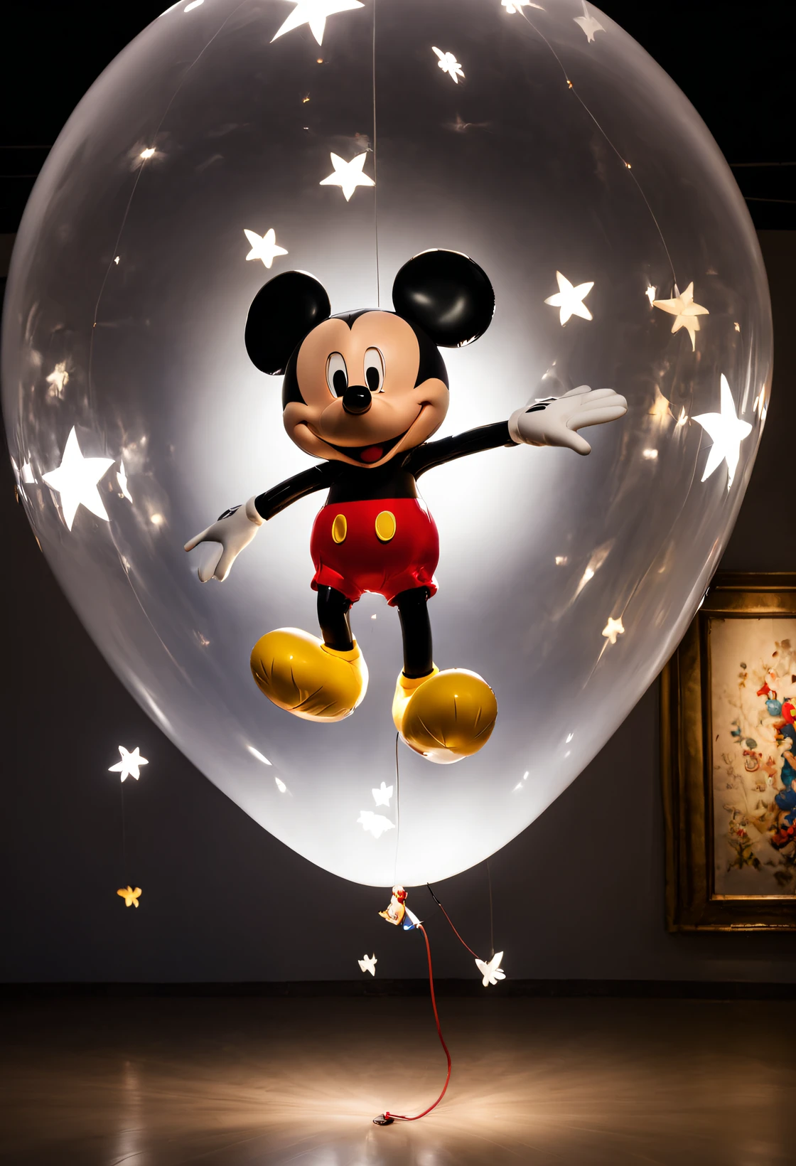 （Inflatable toy design）， (Mickey Mouse in transparent inflatable balloon), starlights，rosette，butterflys，like a dream，16k ，the detail，Dramatic light and shadow，like a dream，Ghibli’s beautiful lighting design，Bottom-up perspective， The feeling of defying gravity, Suspended，Installation art, Bright lights
