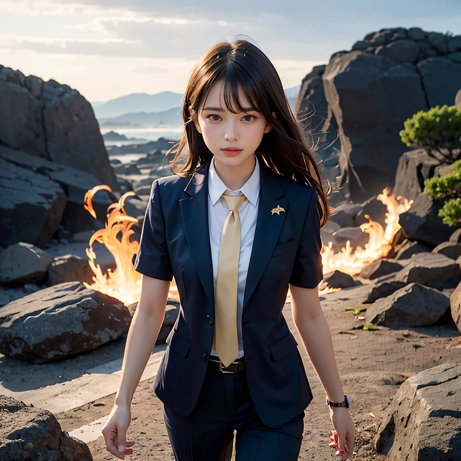 (masutepiece, Best Quality:1.2), 8K, Official art, Wearing a suit、Full body photo, full body Esbian、Beautiful woman in a navy blue suit、star explosion、Beautiful barefoot woman with dark hair, hold a flame in your right hand、I'm holding a snowstorm in my left hand、Bright lava light rises above the broken Earth from beneath the asteroid belt(Jagged rock rocks and fragments shot into the air:1.3) (Storm of windy dust debris:1.1) Volume fogmist by trace Z、It can allow bright light from below to pass through、 (masterpiece) (top-quality) (detaileds) (in 8K) (电影灯光) (foco nítido) (Convoluted)A dark-haired、14years、small tits、A delightful、A smile、unbelievable Ridiculous, (a beauty girl, Pretty Face, arching back down, Gold hair ornament on hair、wearing a suits、close up, Wearing a suit, Short sleeve, gardenia, violaceaess, space system, Looking at Viewer, Film grain, chromatic abberation, Sharp Focus, face lights, Dynamic lighting, Cinematic lighting, Eyes and faces with detailed, Bokeh background, (Tie with Emma written on it、1 copy:1.2)